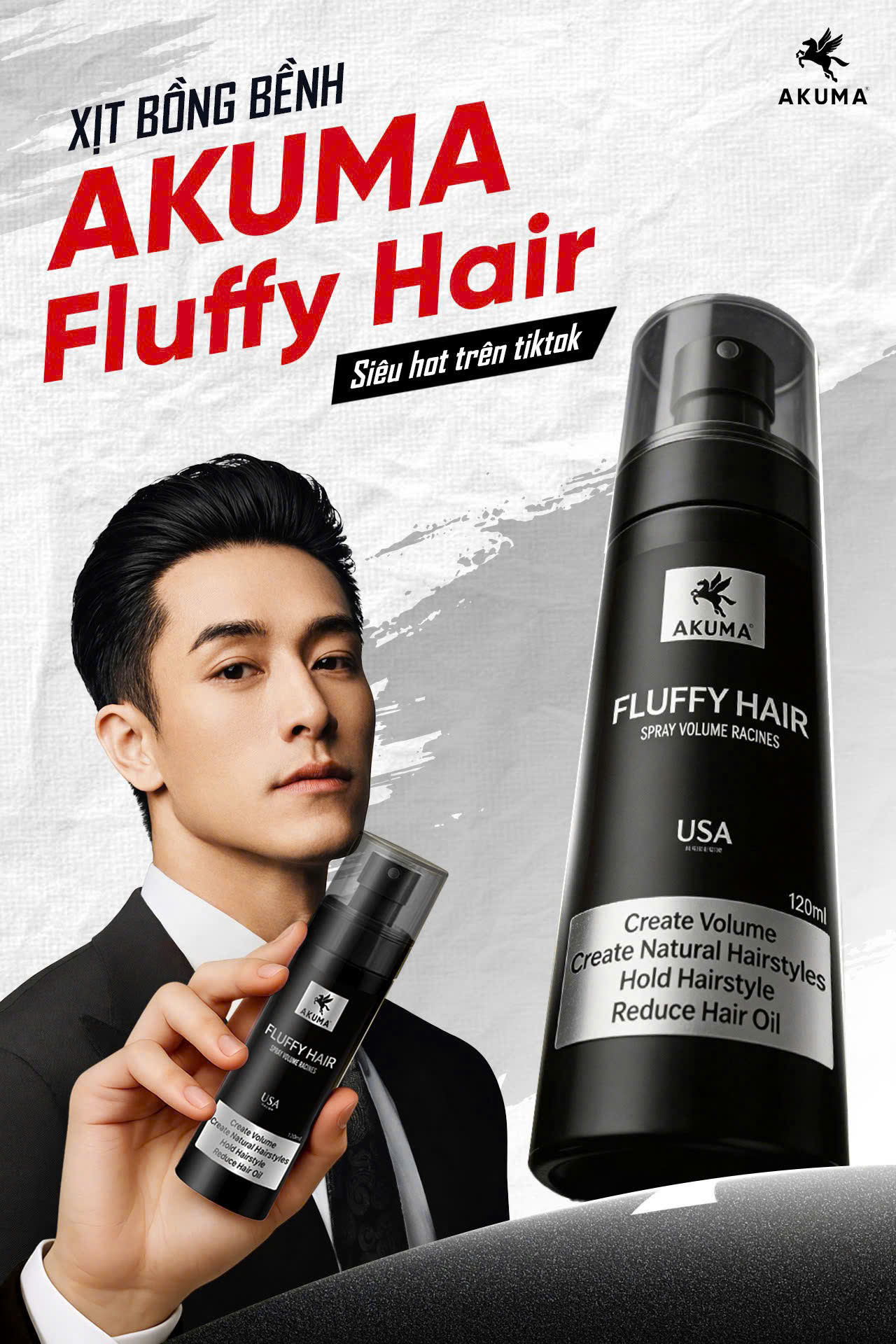 AKUMA Fluffy Hair — xịt tạo phồng tóc nam, tóc bồng bềnh tự nhiên